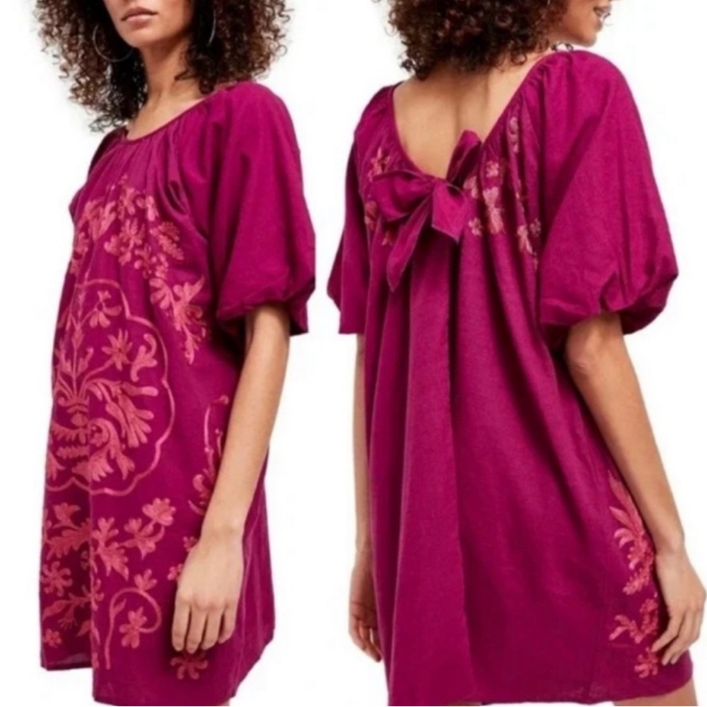 Free People Fuchsia‎ Fiona Embroidered Boho Off The Shoulder Mini Dress XS